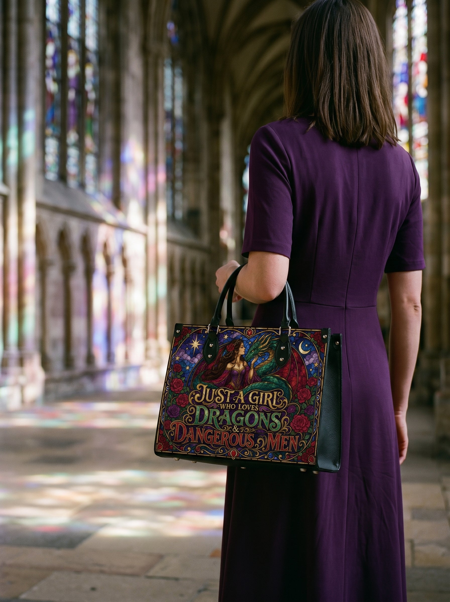“Just a Girl Who Loves Dragons & Dangerous Men” Stained-Glass Leather Handbag