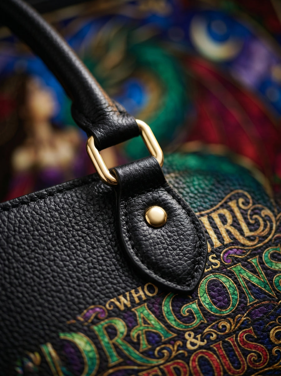 “Just a Girl Who Loves Dragons & Dangerous Men” Stained-Glass Leather Handbag