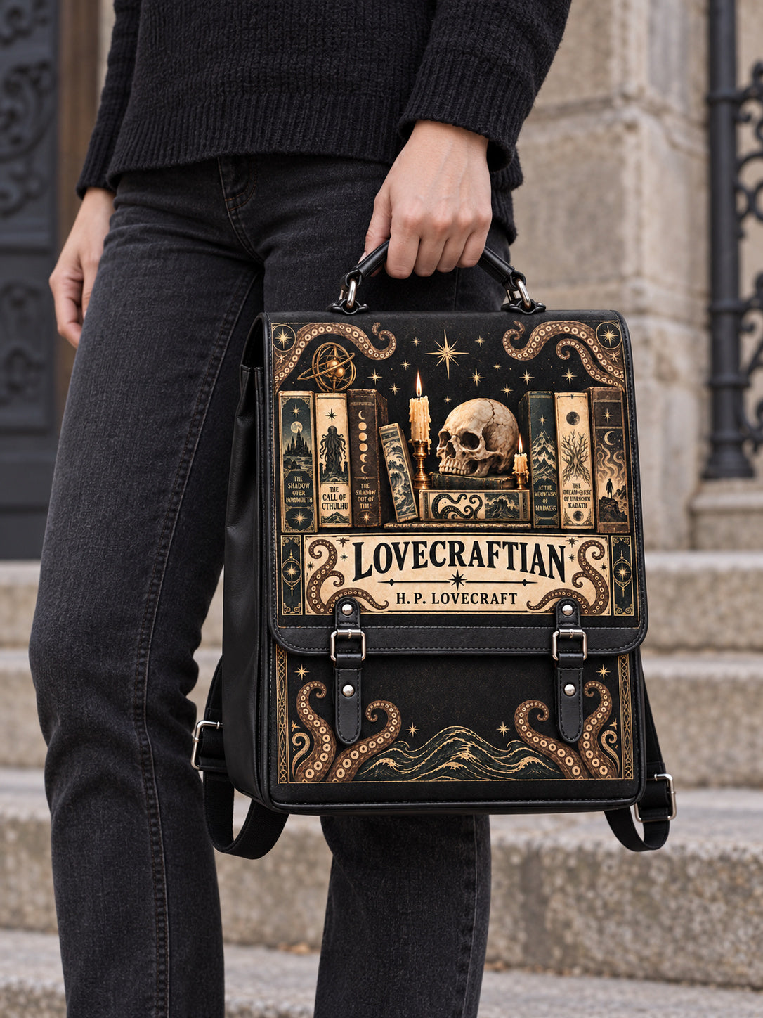Lovecraftian Black Leather Backpack