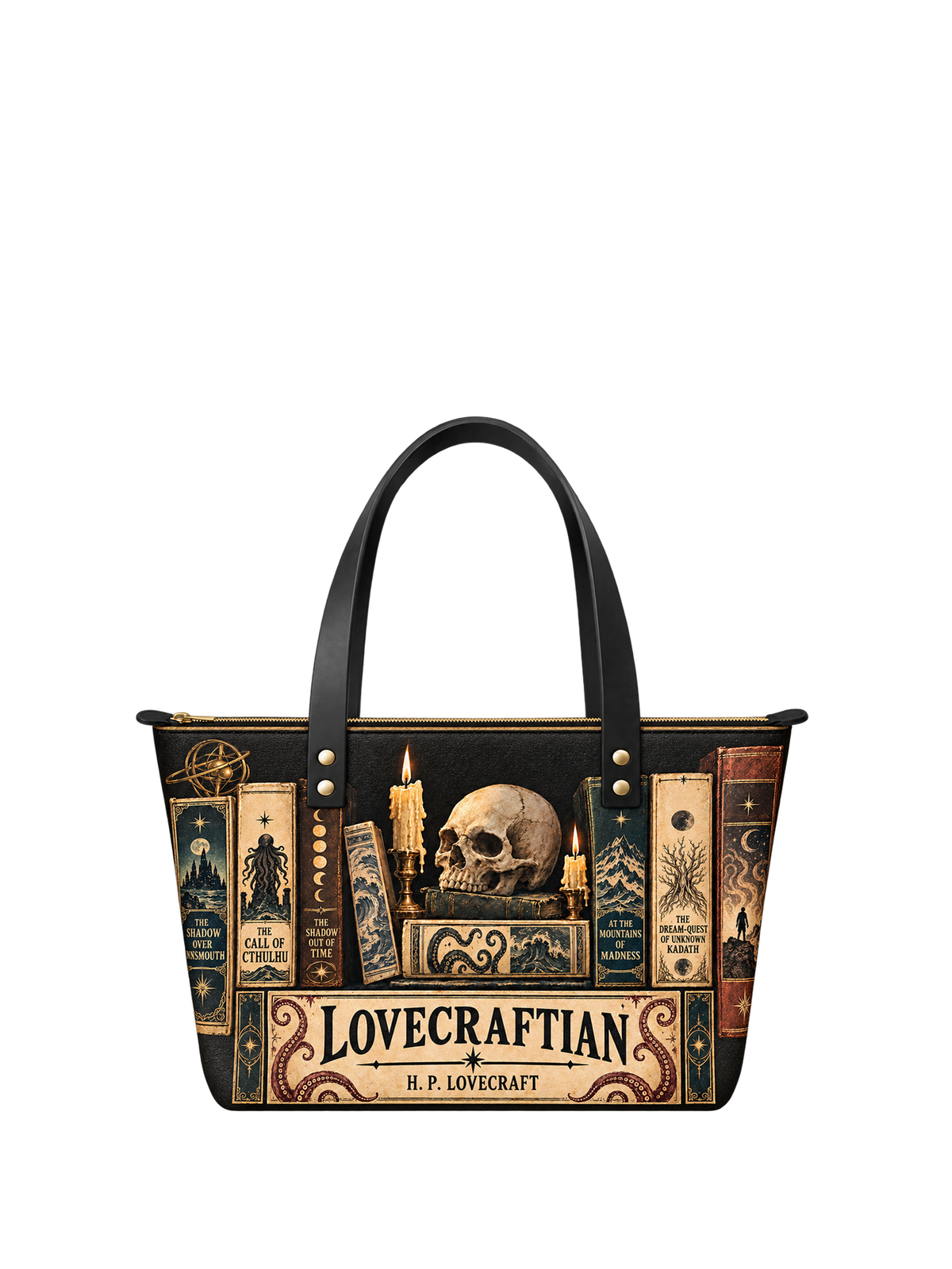 "Lovecraftian" Black Leather Tote Bag
