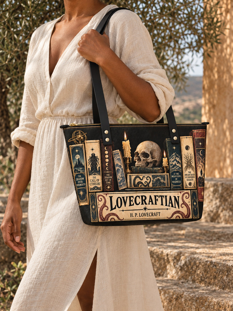 "Lovecraftian" Black Leather Tote Bag