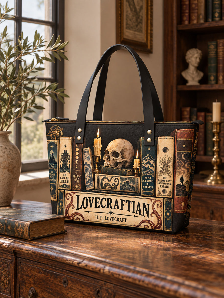 "Lovecraftian" Black Leather Tote Bag