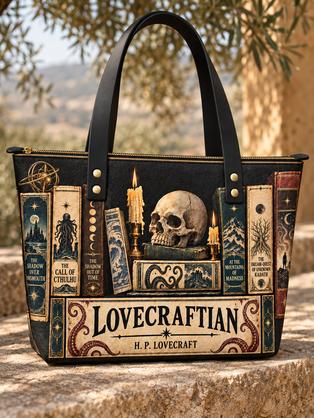 "Lovecraftian" Black Leather Tote Bag