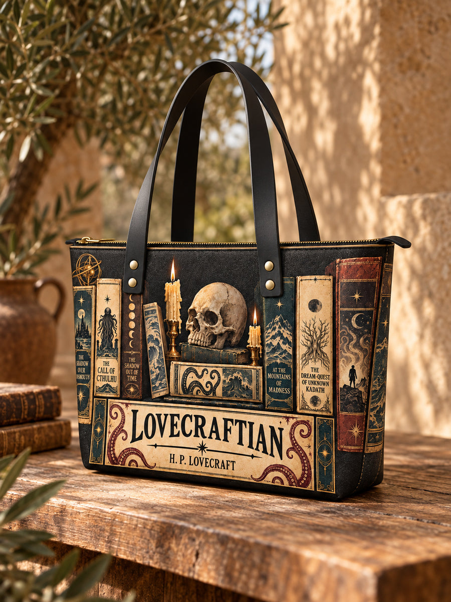 "Lovecraftian" Black Leather Tote Bag