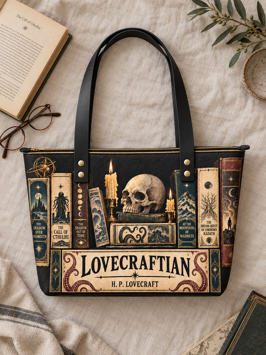 "Lovecraftian" Black Leather Tote Bag