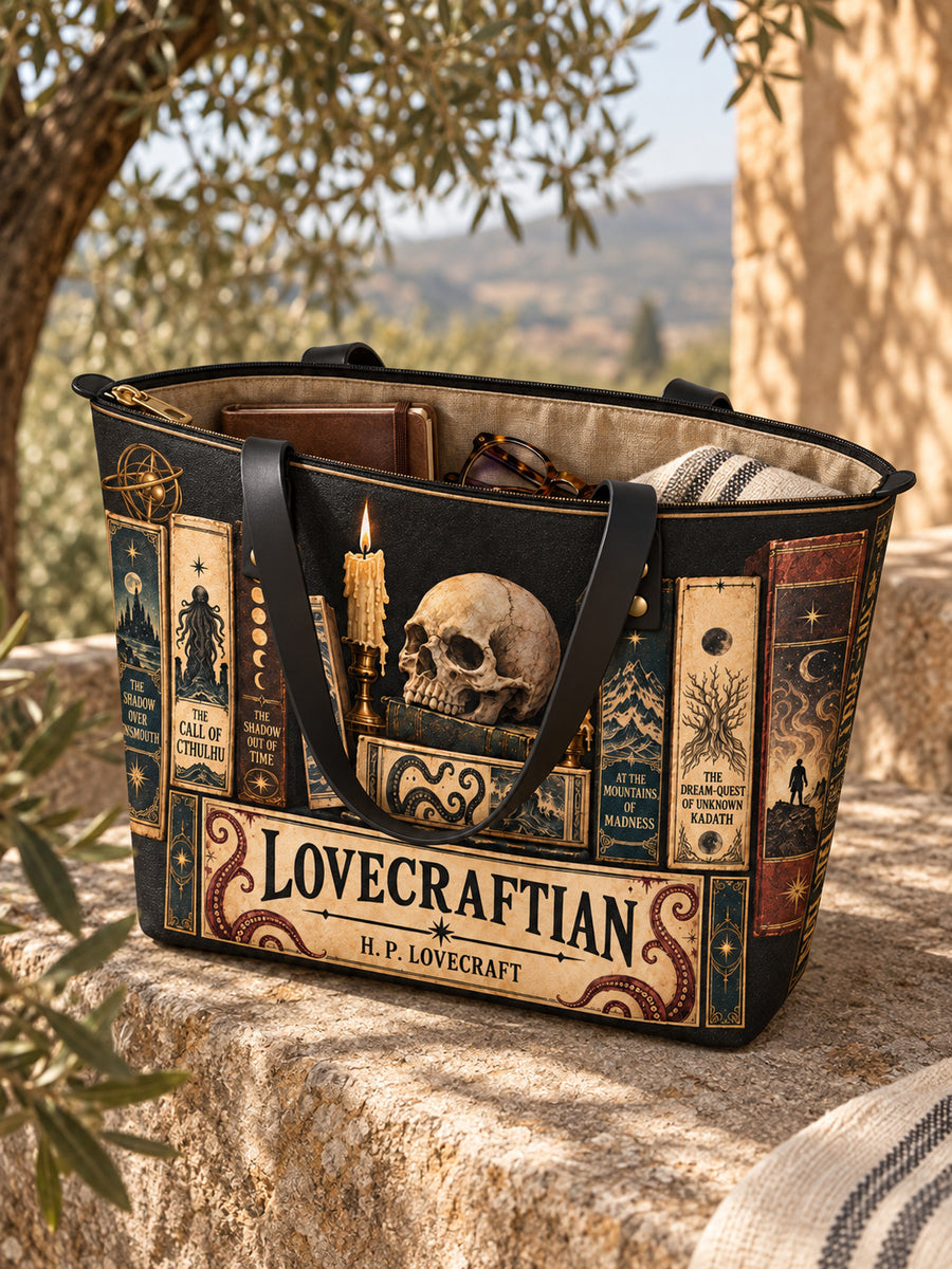 "Lovecraftian" Black Leather Tote Bag