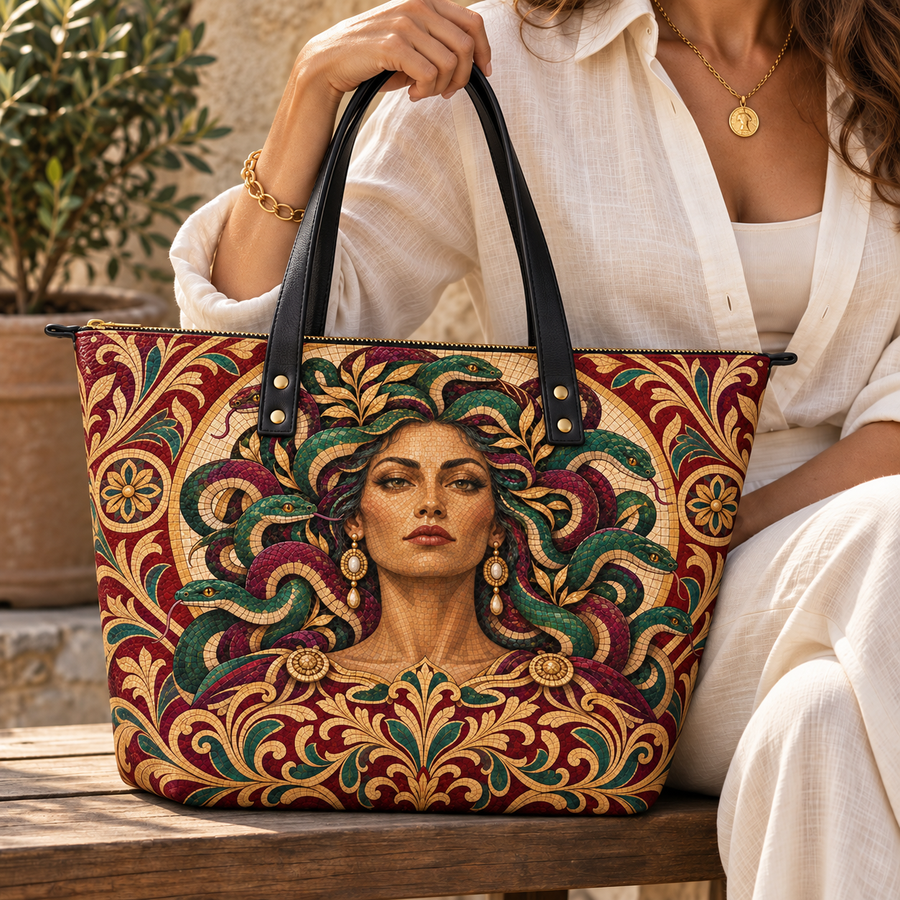 "Medusa" Roman Mosaic Leather Tote Bag