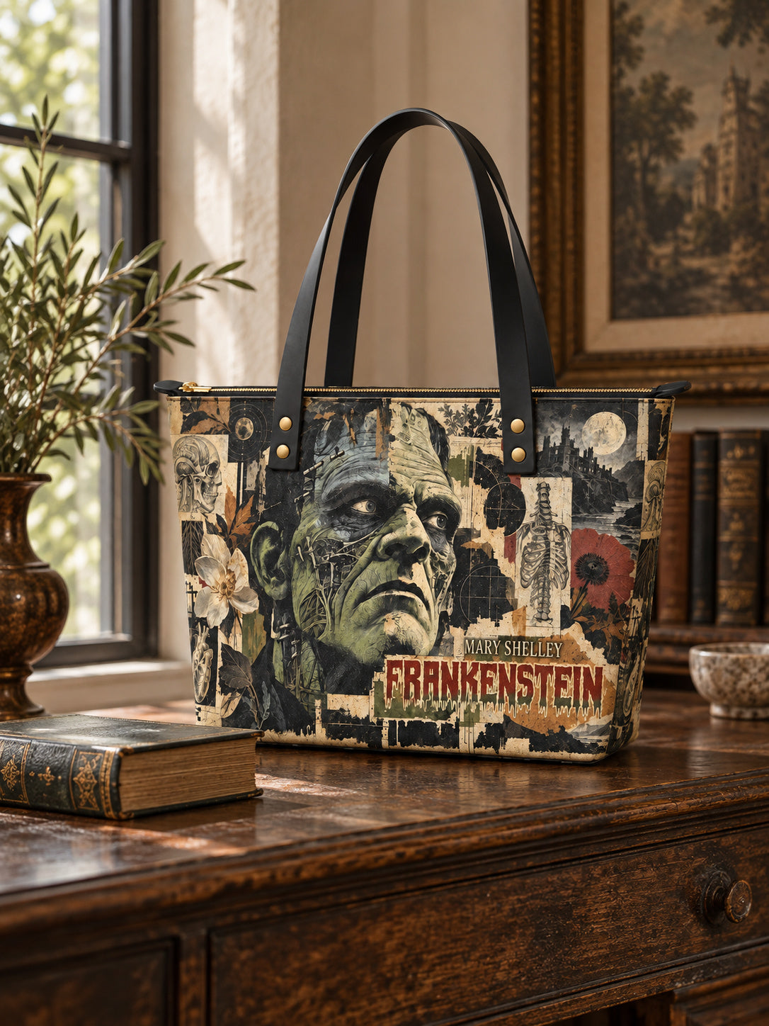 "Frankenstein" Old Parchment Leather Tote Bag