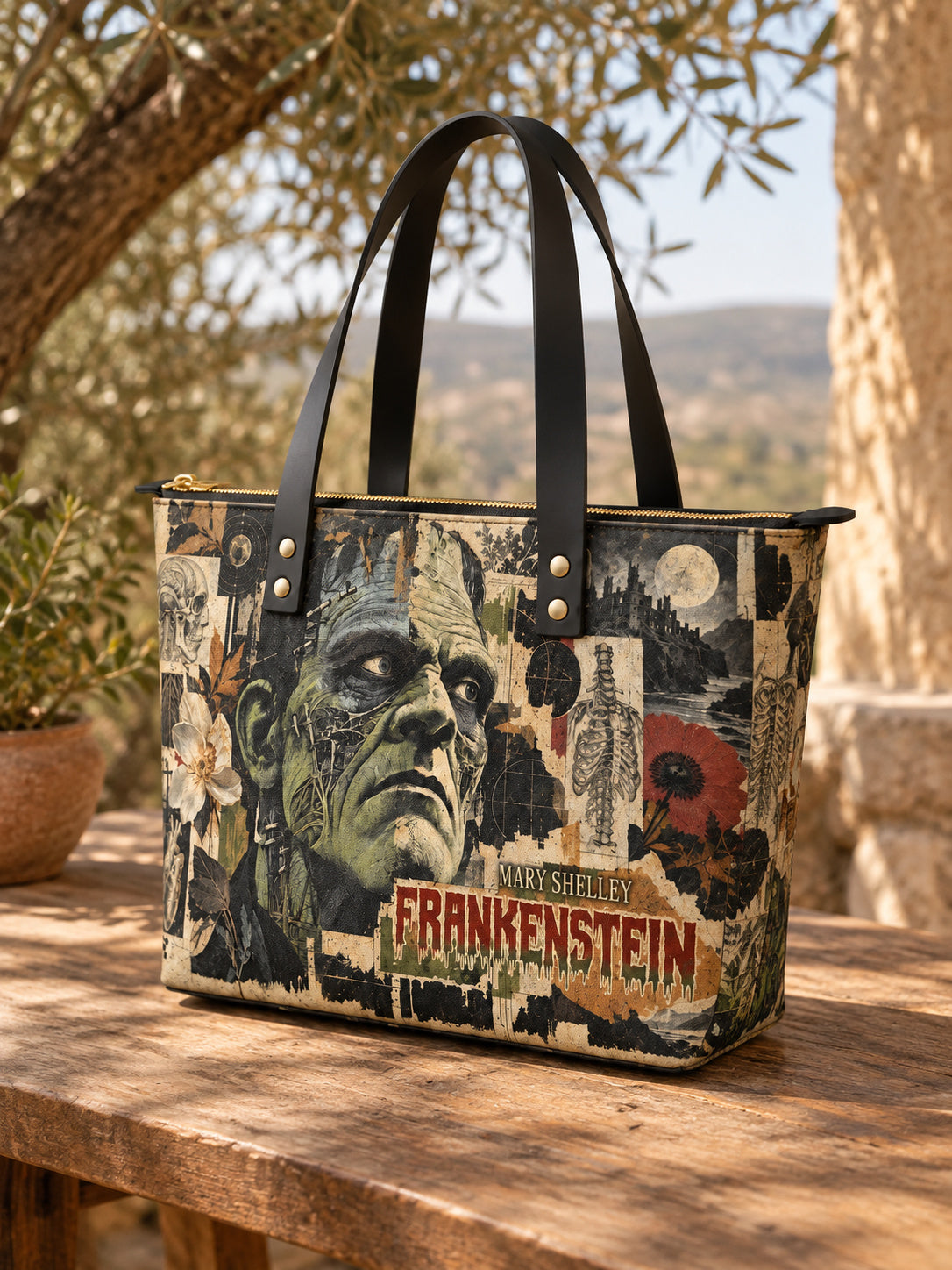 "Frankenstein" Old Parchment Leather Tote Bag