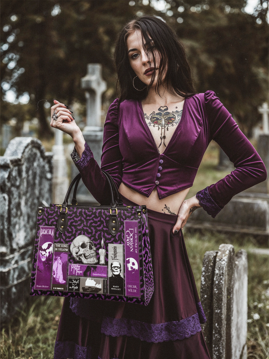 "The Codex of Gothic Tales" Violet Echo Leather Handbag