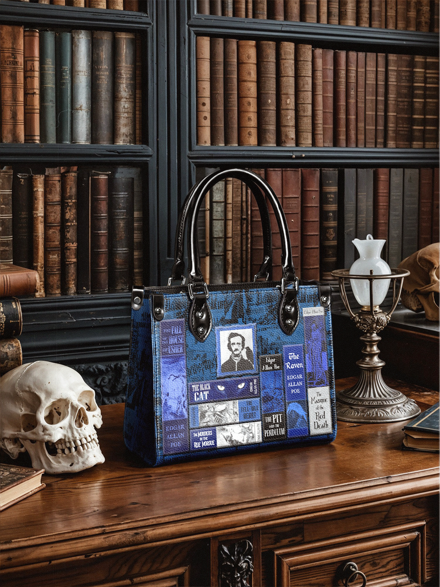 "Poe's Library" Midnight Ink - Black Interior - Small Leather Handbag