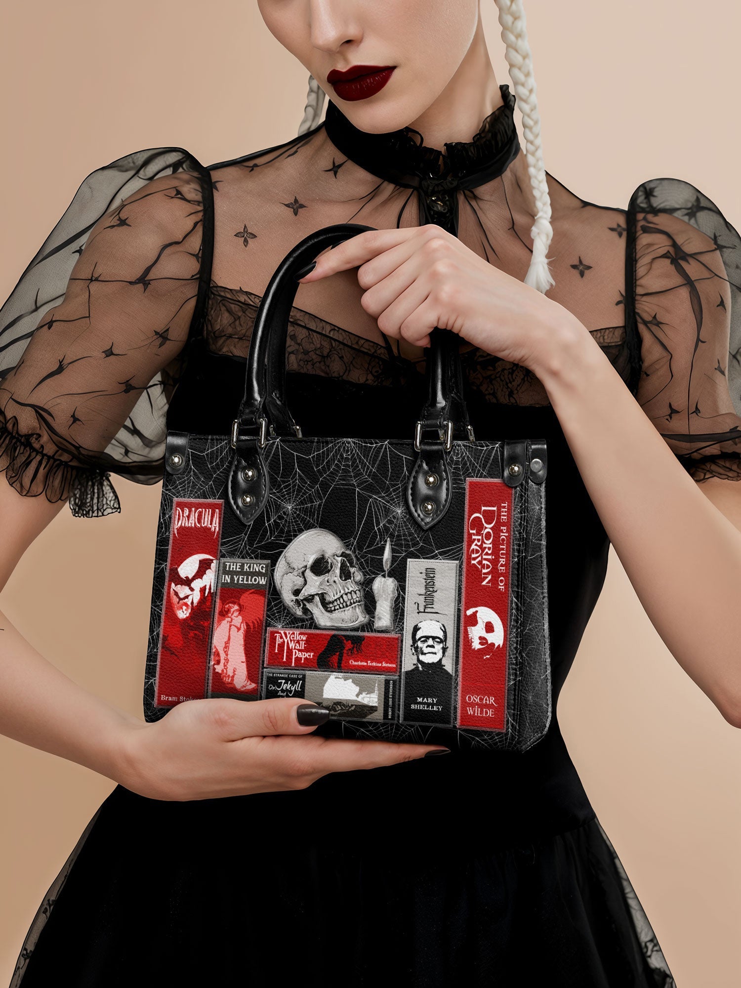 "The Codex of Gothic Tales" Black Widow’s Kiss - Black Interior - Small Leather Handbag