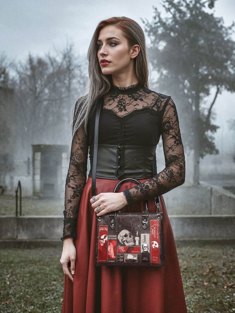 "The Codex of Gothic Tales" Black Widow’s Kiss - Black Interior - Small Leather Handbag