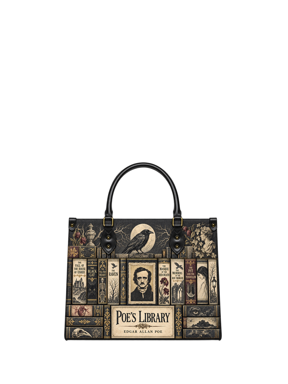 "Poe's Library" Ashen Black - Black Interior - Leather Handbag