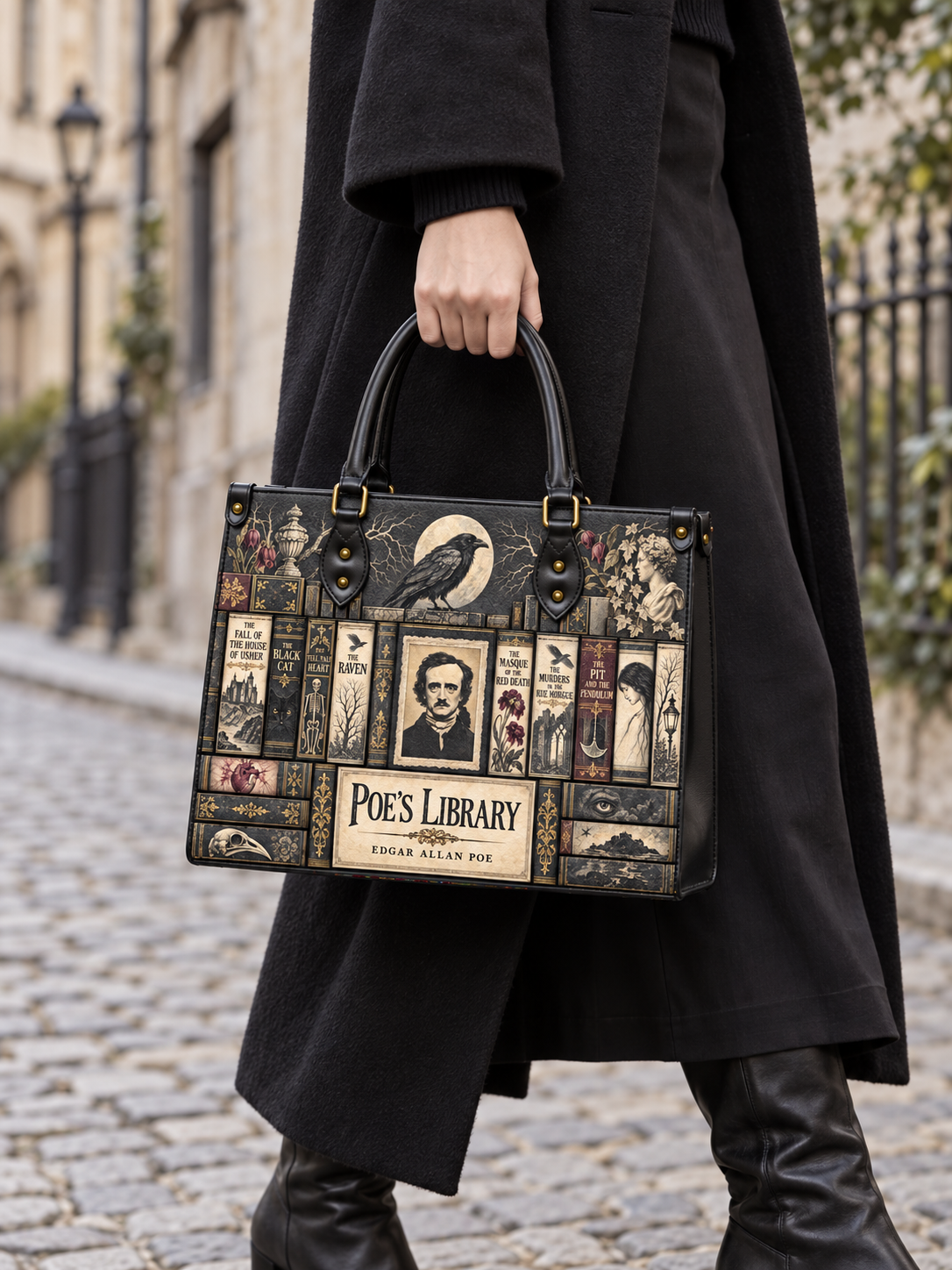 "Poe's Library" Ashen Black - Black Interior - Leather Handbag