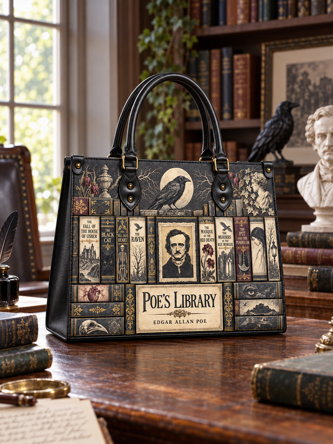 "Poe's Library" Ashen Black - Black Interior - Leather Handbag