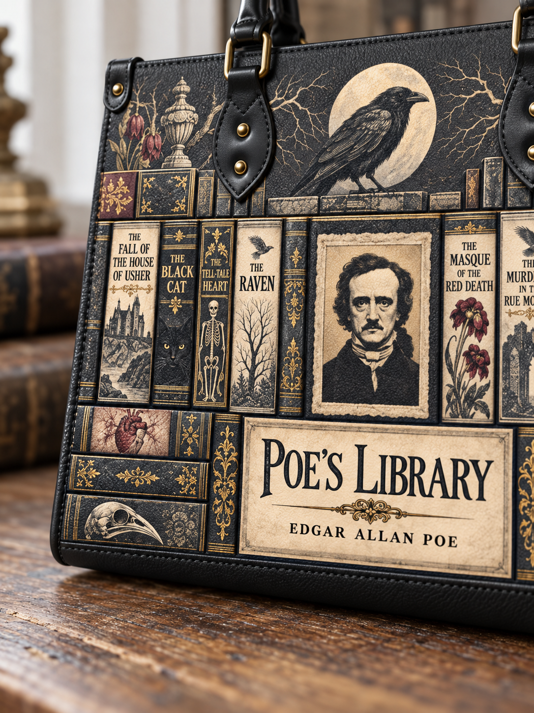 "Poe's Library" Ashen Black - Black Interior - Leather Handbag