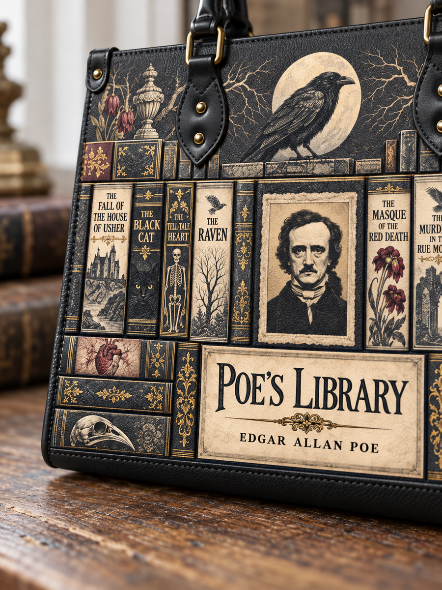 "Poe's Library" Ashen Black - Black Interior - Leather Handbag