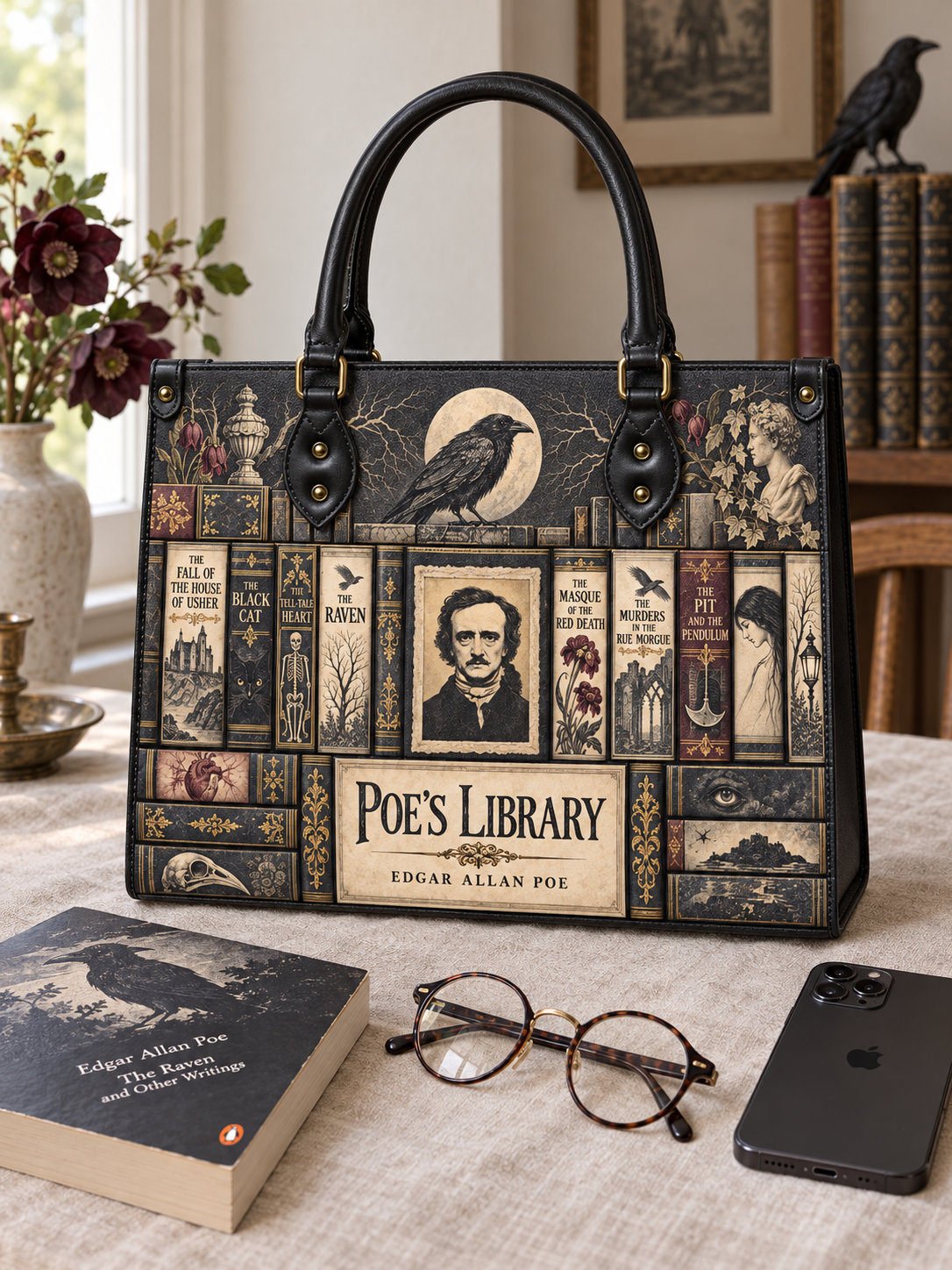 "Poe's Library" Ashen Black - Black Interior - Leather Handbag