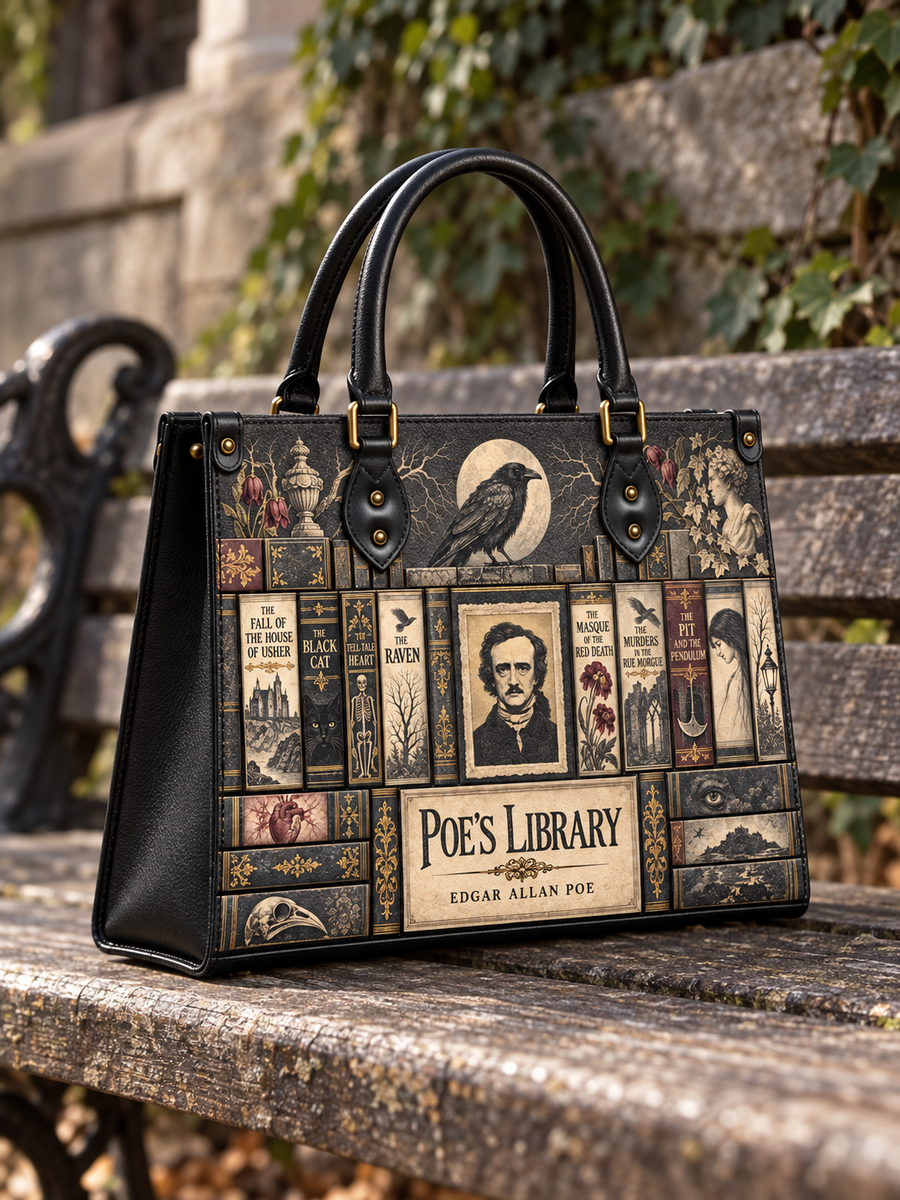 "Poe's Library" Ashen Black - Black Interior - Leather Handbag