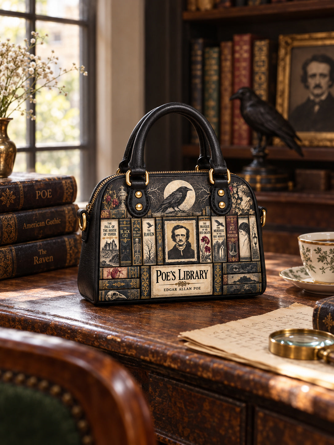 "Poe's Library" Ashen Black Mini Satchel