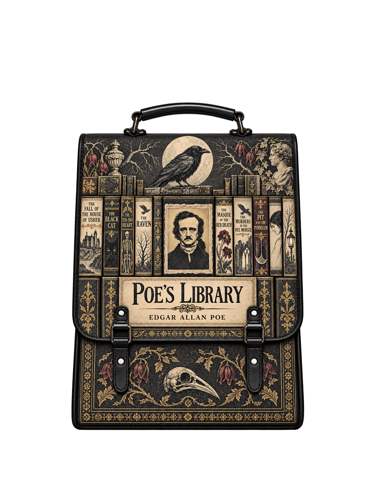 "Poe's Library" Ashen Black Leather Backpack