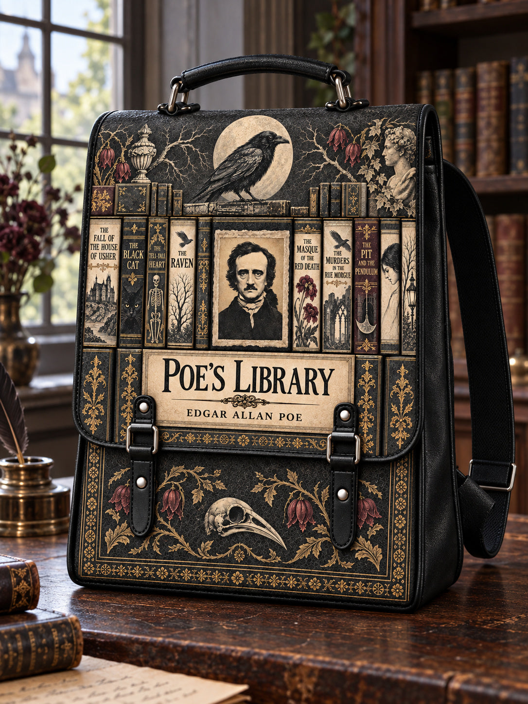 "Poe's Library" Ashen Black Leather Backpack