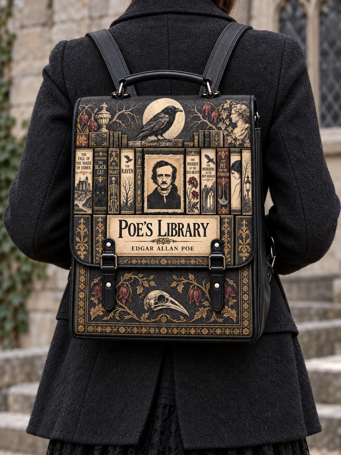 "Poe's Library" Ashen Black Leather Backpack