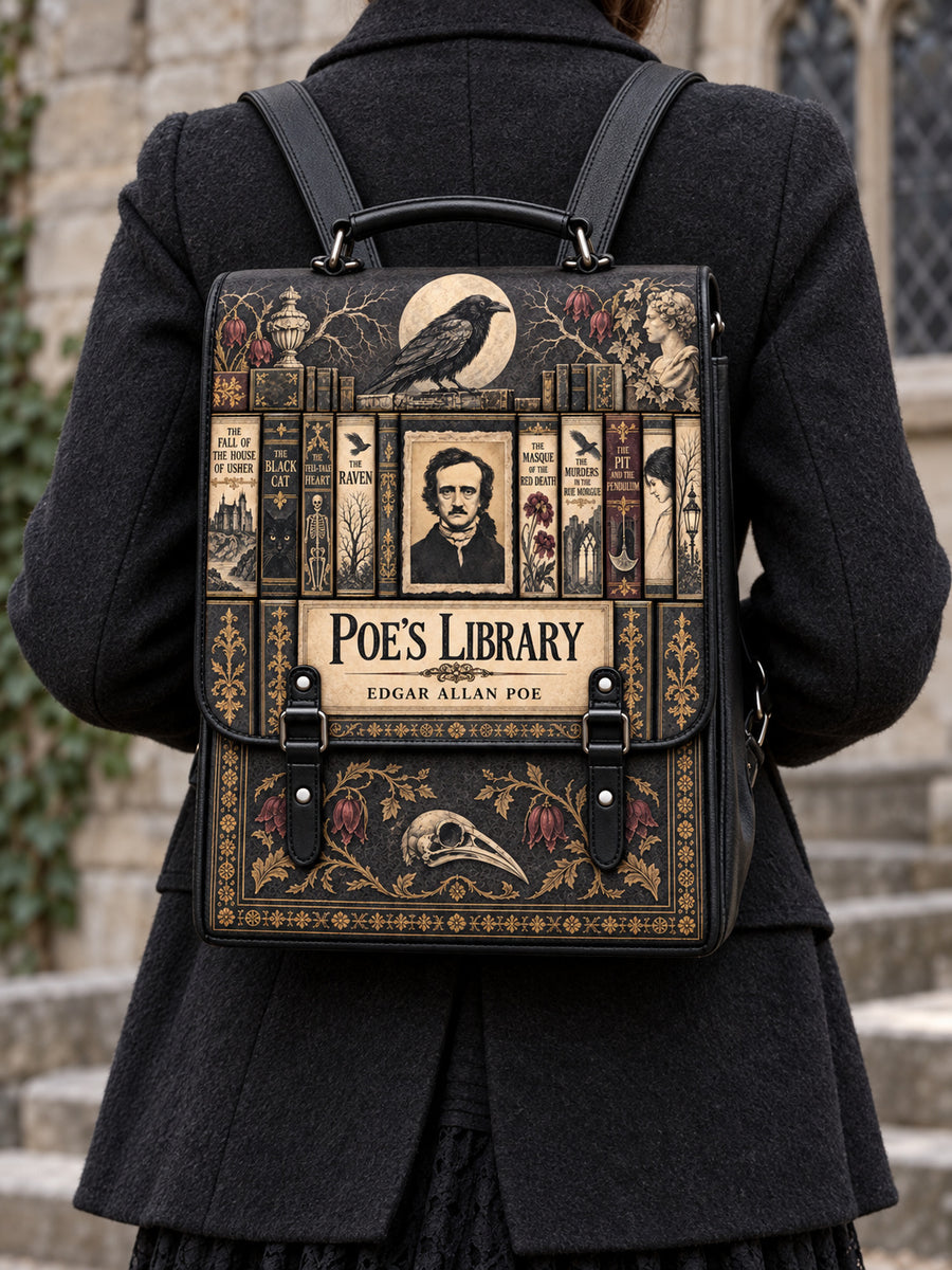 "Poe's Library" Ashen Black Leather Backpack