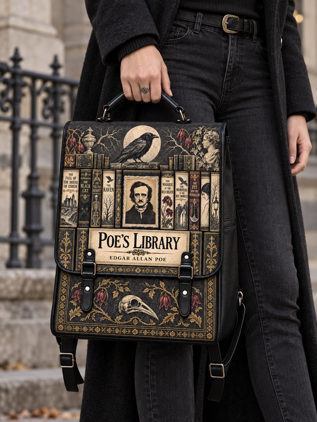"Poe's Library" Ashen Black Leather Backpack