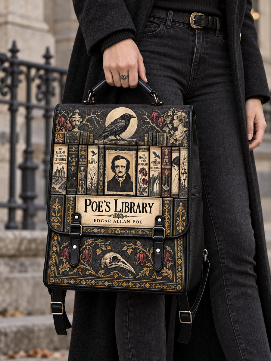 "Poe's Library" Ashen Black Leather Backpack