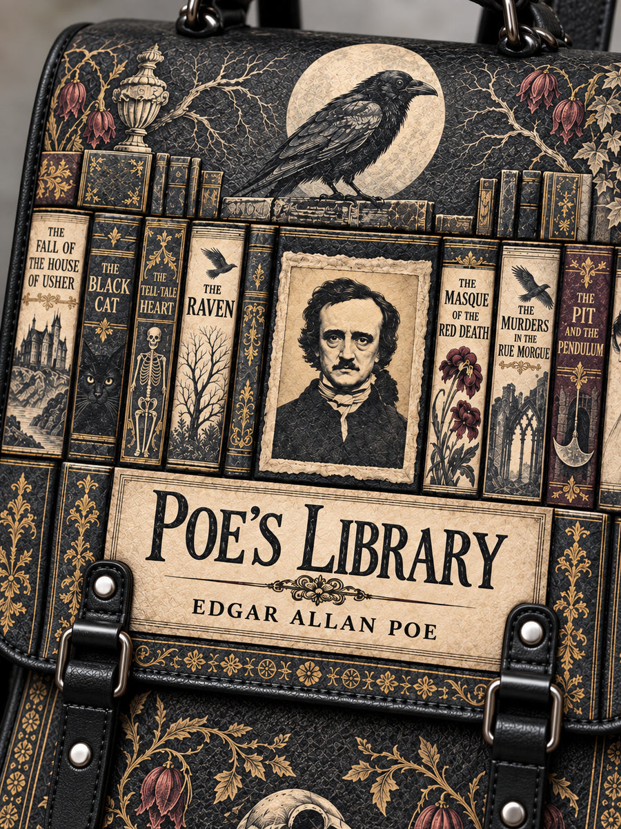 "Poe's Library" Ashen Black Leather Backpack