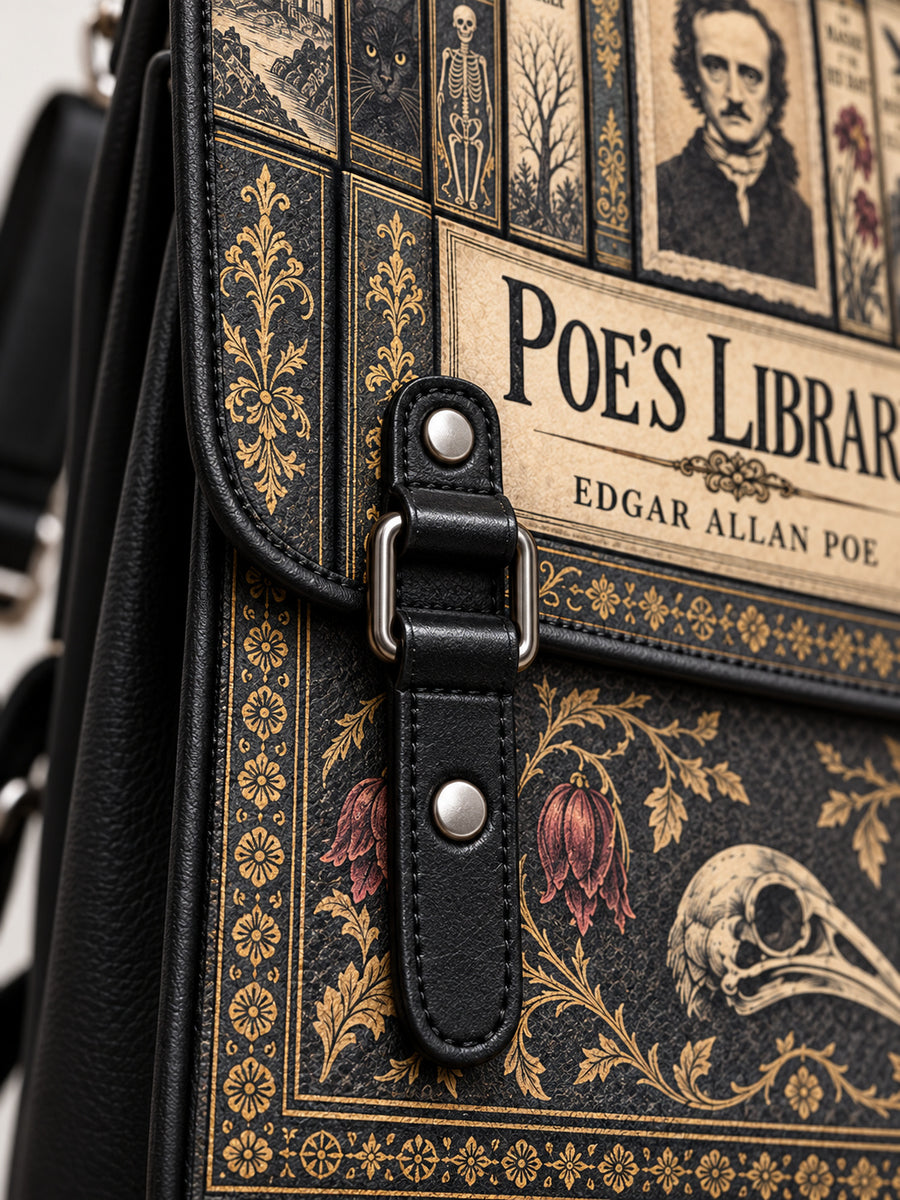 "Poe's Library" Ashen Black Leather Backpack