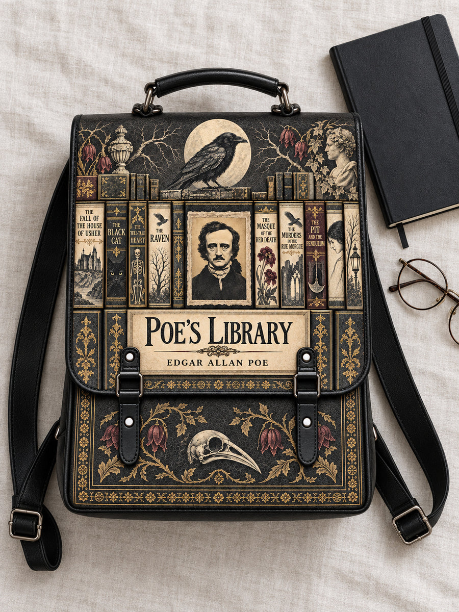 "Poe's Library" Ashen Black Leather Backpack