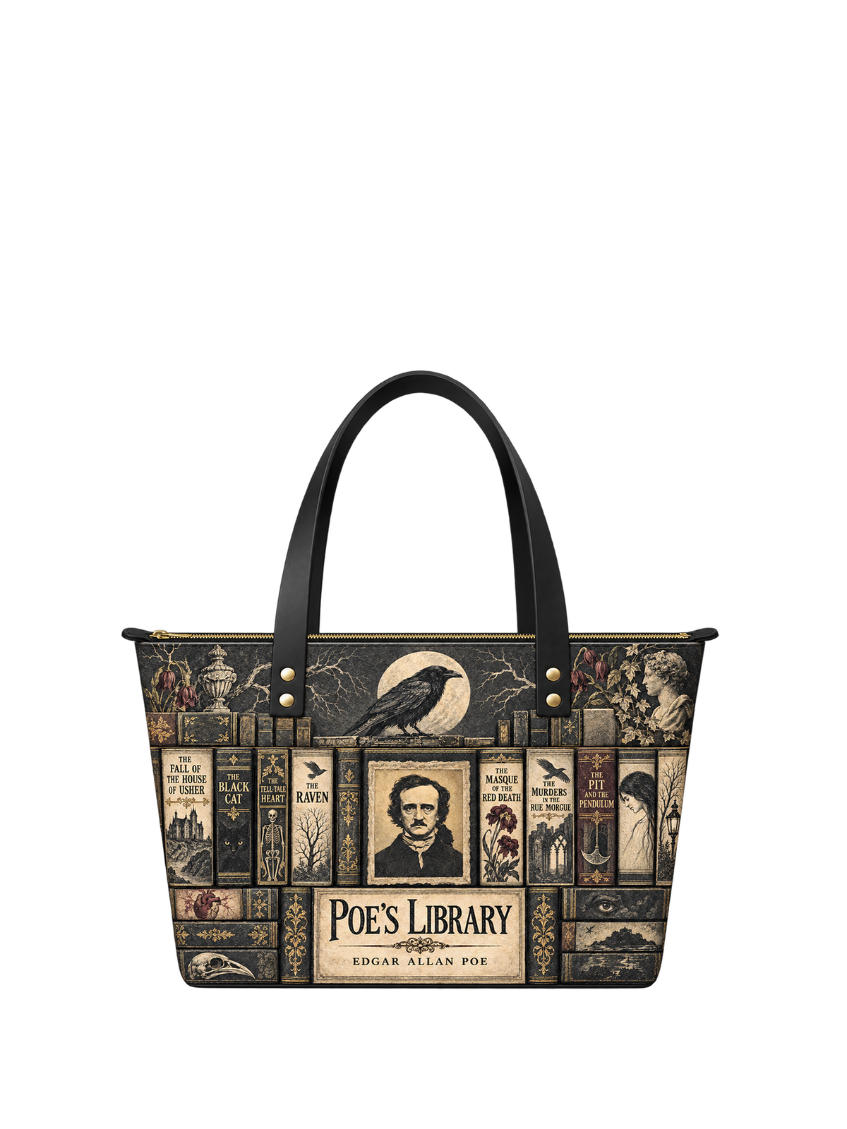 "Poe's Library" Ashen Black Leather Tote Bag