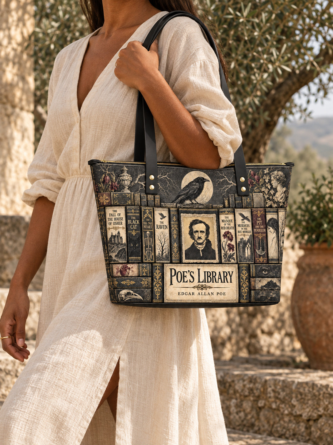 "Poe's Library" Ashen Black Leather Tote Bag