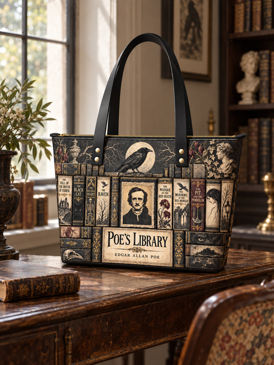 "Poe's Library" Ashen Black Leather Tote Bag
