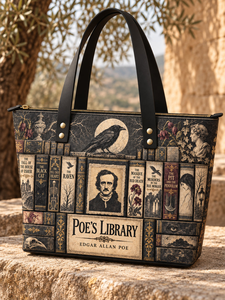 "Poe's Library" Ashen Black Leather Tote Bag