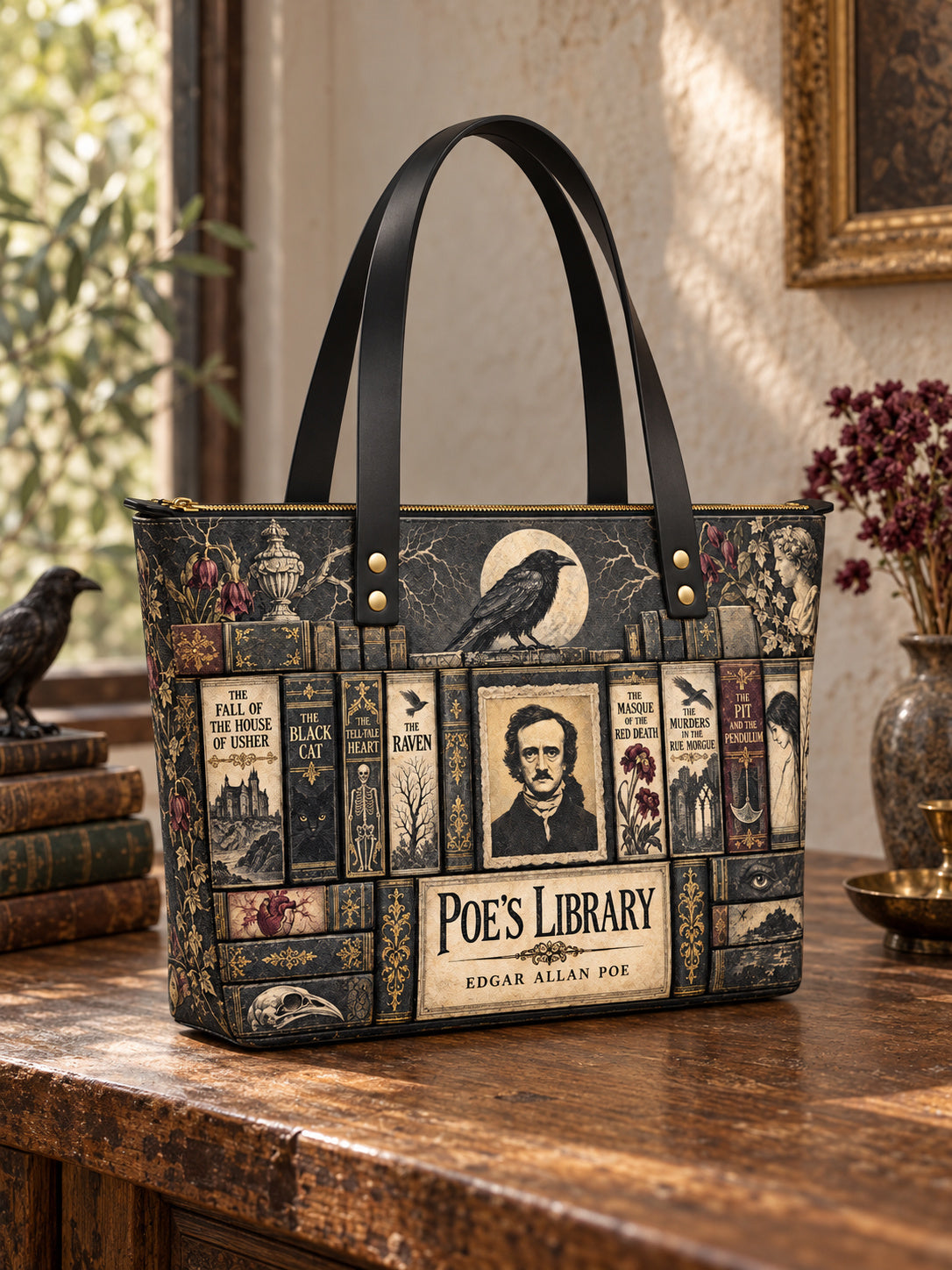 "Poe's Library" Ashen Black Leather Tote Bag