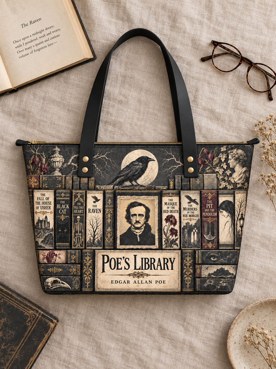 "Poe's Library" Ashen Black Leather Tote Bag