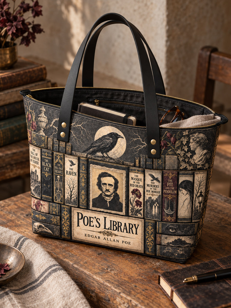 "Poe's Library" Ashen Black Leather Tote Bag