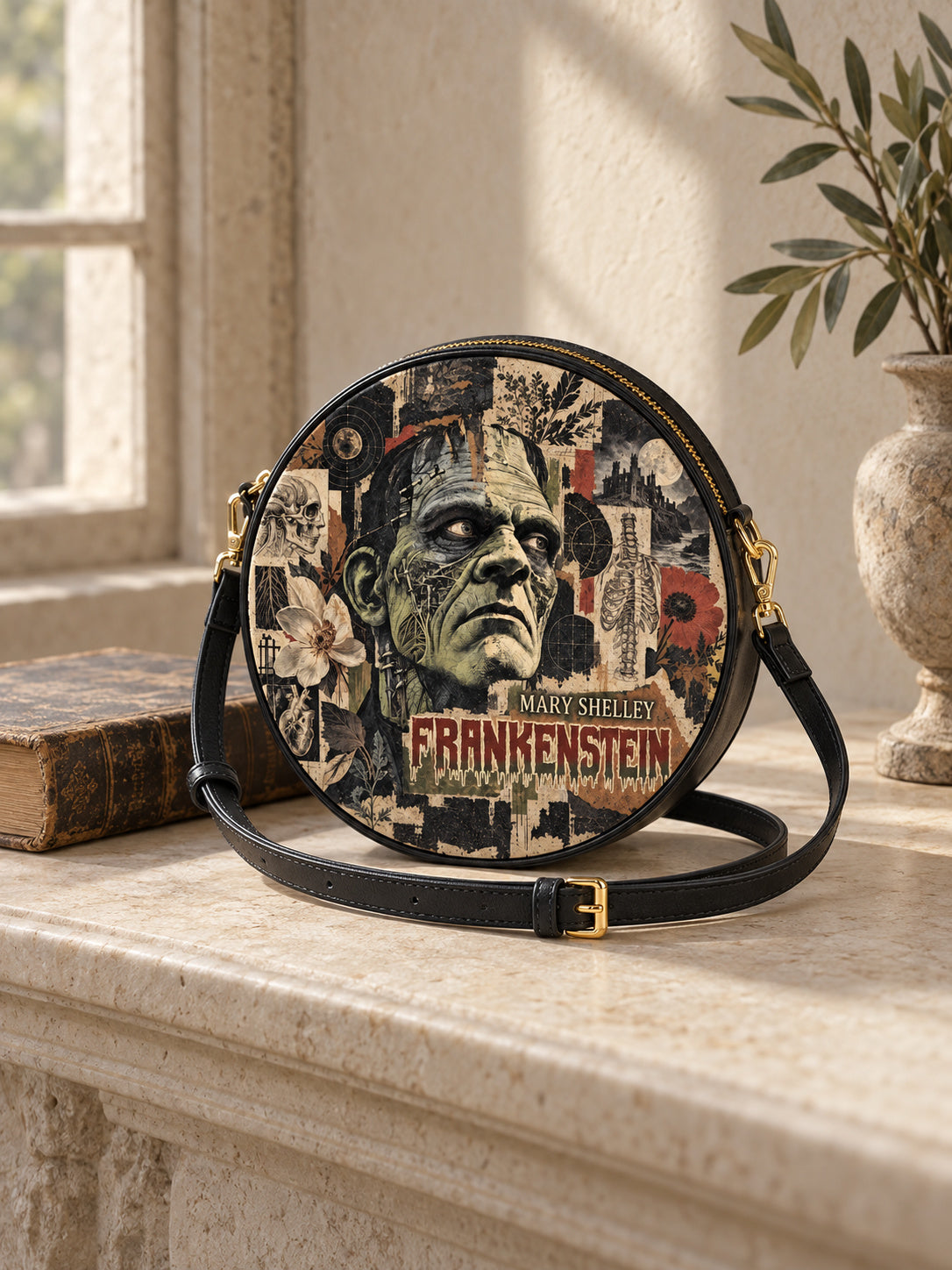"Frankenstein" Old Parchment Circle Crossbody Bag