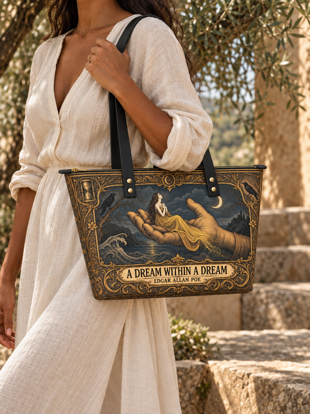 "A Dream Within A Dream" Leather Tote Bag