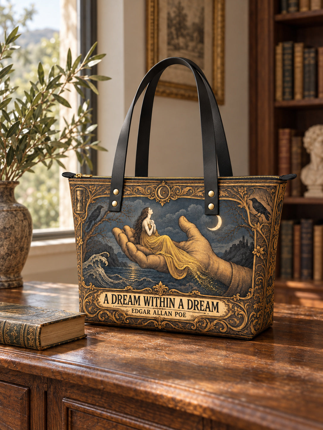 "A Dream Within A Dream" Leather Tote Bag