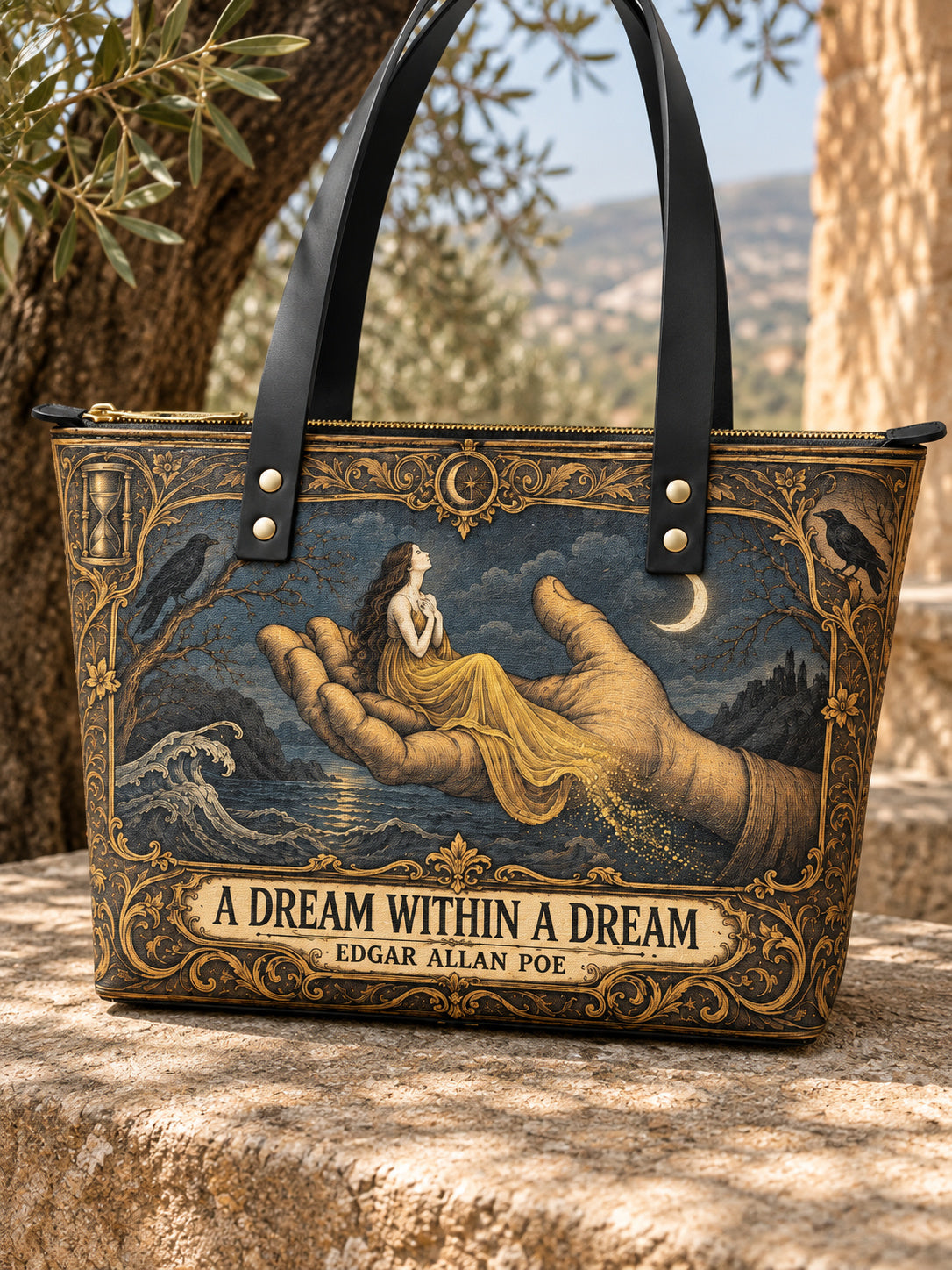 "A Dream Within A Dream" Leather Tote Bag