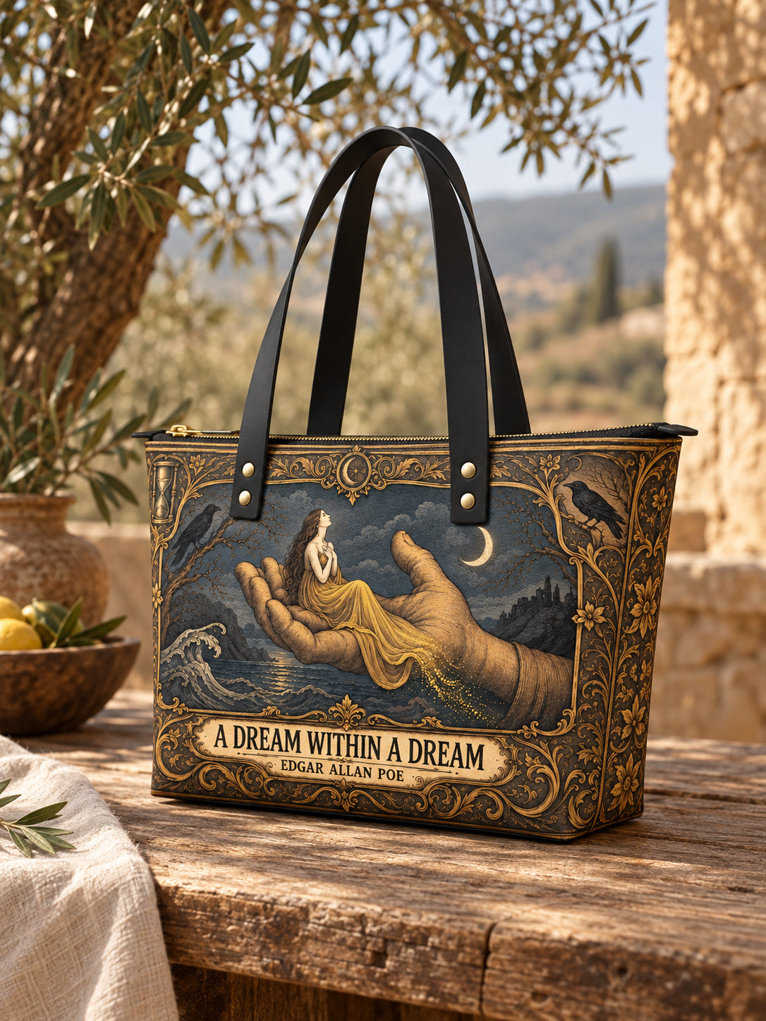 "A Dream Within A Dream" Leather Tote Bag