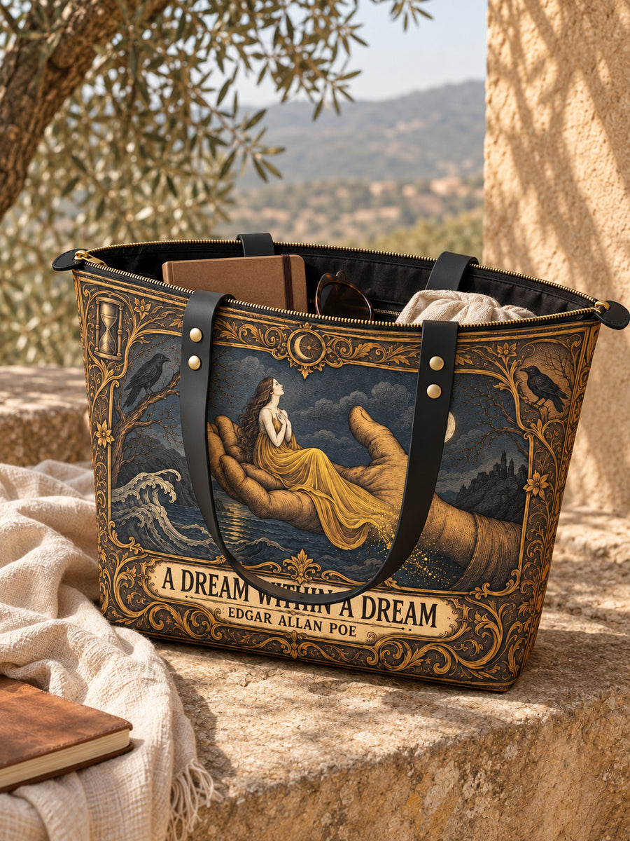 "A Dream Within A Dream" Leather Tote Bag