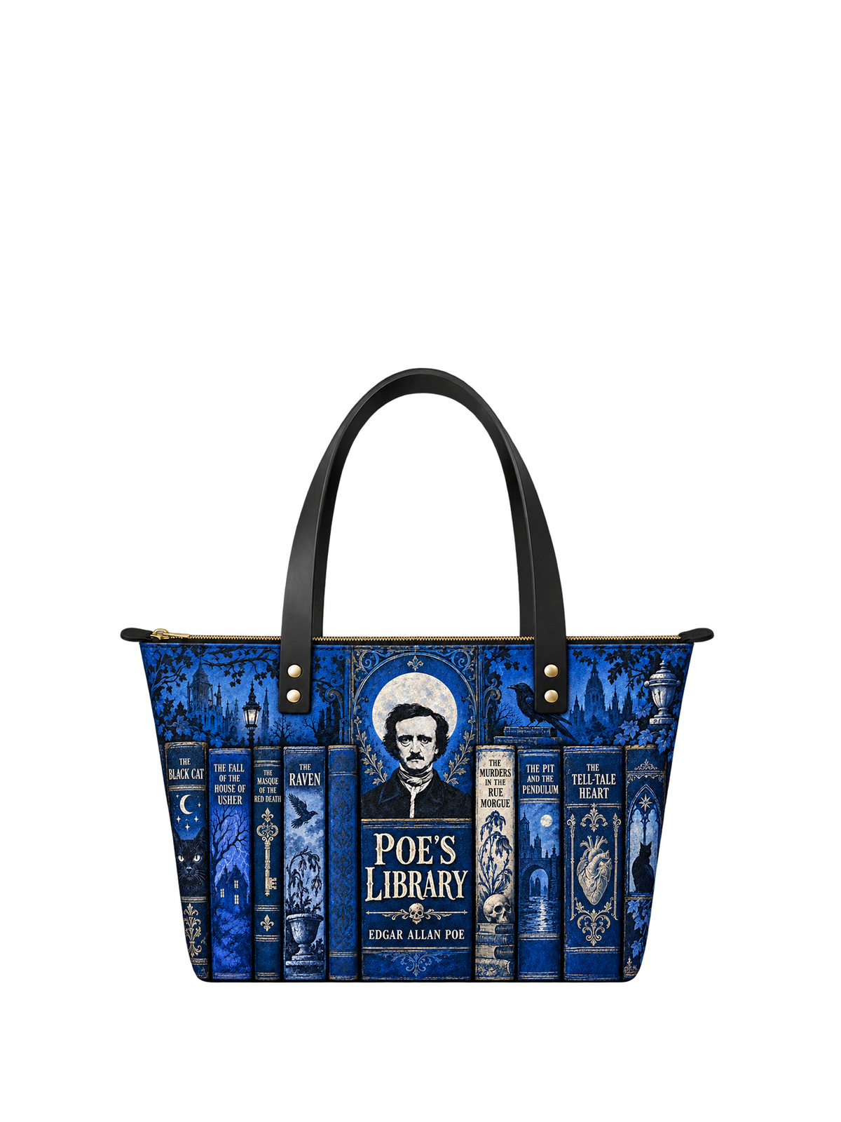 "Poe's Library" Midnight Ink Leather Tote Bag