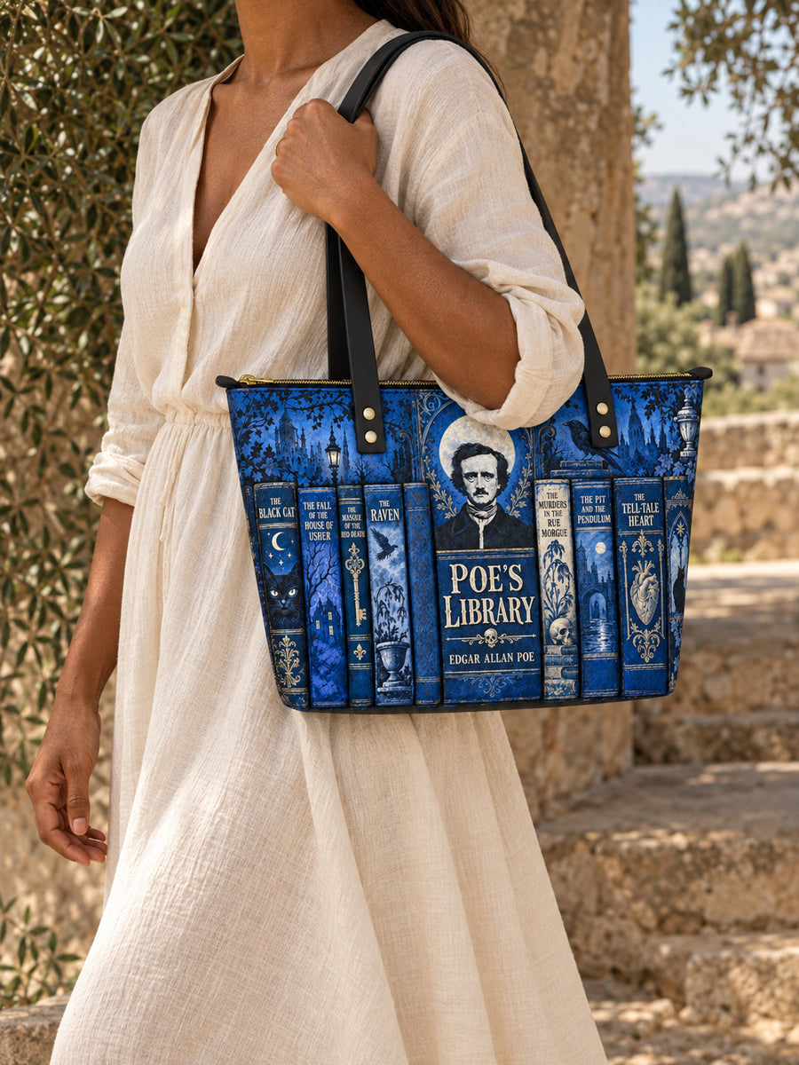 "Poe's Library" Midnight Ink Leather Tote Bag