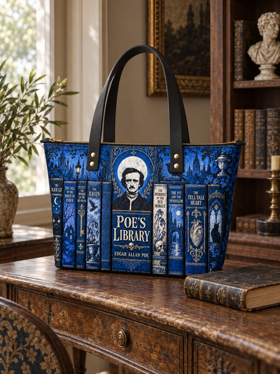 "Poe's Library" Midnight Ink Leather Tote Bag